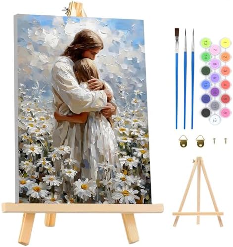 MAXBYE Framed Paint by Numbers Kit for Adults, Canvas Painting by Number Jesus Hugging Women Christian with Wooden Easel, DIY Acrylic Craft Art Kits for Beginners Gift Home Wall Decor10×14 in