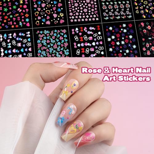 Teenitor 50 Sheets Flower Nail Stickers for Nail Art, Floral Nail Decals Nail Art Stickers for Kids, Butterfly Fingernail Stickers for Women, Cute 3D Self Adhesive Nail Decor for Spring Summer