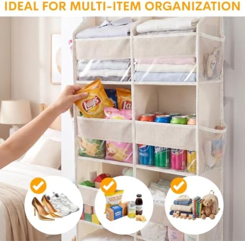 2 Pack Over The Door Organizer 6 Tiers, Extra Large Behind Door Storage of 12 Compartments, 80 lbs Weight Capacity Hanging Storage Organizer with Clear Window Kids Toys,Shoes (6 Tiers - Beige)