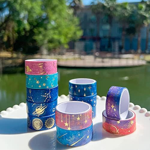 12 Rolls Galaxy Washi Tape Set, Gold Foil Decorative Masking Tape for Scrapbooking, Journal, Planner, DIY Crafts, Gift Wrapping