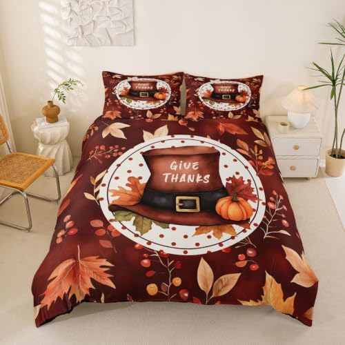 Erosebridal Thanksgiving Hat Duvet Cover King Size Watercolor Fall Maple Bedding Set for Adults Teens Women Autumn Pumpkin Comforter Cover Rustic Harvest Bedclothes Room Decor
