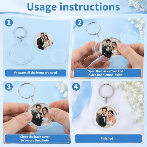 100 Pcs Photo Insert Keychain, Clear Acrylic Picture Keychains Round Blank Picture Frame Keyring Holder for DIY Crafts Wedding Bridal Party Favors Small Business Branding