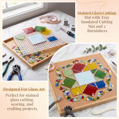 Roowest 12" x 12" Stained Glass Cutting Mat with Tray glasses Cutting Mat and 2 Burnishers Double Layer Detachable Design Stained Glass Supplies for DIY Craft Tool Scoring Severing Catching Shards