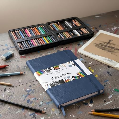 BROWNSTONE JOURNALS A5 Sketch Book Hardcover - 80 Sheets 100 GSM Paper | 5" x 8", Lay Flat, Vegan Leather Cover, Elastic Band, Back Pocket, Compact Art Drawing Book for Adults & Students
