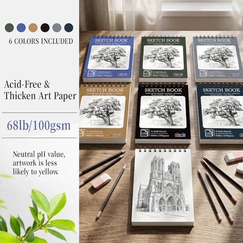 6 Pack Sketch Books Bulk 5.5x8.5 Inch Top Spiral Bound Sketch Pad 600 Total Sheets 6-Color Small Sketchbook Set 68lb/100gsm Acid-Free Drawing Paper for Students Beginners Travel Classroom Art Supplies