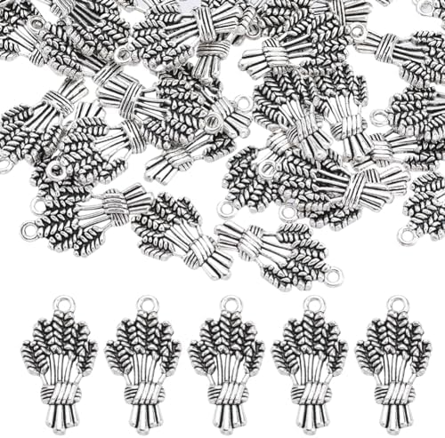 SUNNYCLUE 1 Box 50Pcs Thanksgiving Wheat Charm Fall Harvest Autumn Charms Bulk Tibetan Style Antique Silver Spike Flower Wheat Ears Pendants for Jewelry Making DIY Craft Supplies