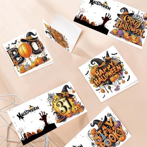 antor 6 Pack Halloween Diamond Art Cards Kits - DIY 5D Diamond Painting Greeting Cards with Envelopes, Handmade Halloween Craft Kits for Adults, Rhinestone Pumpkin Witch Card Set
