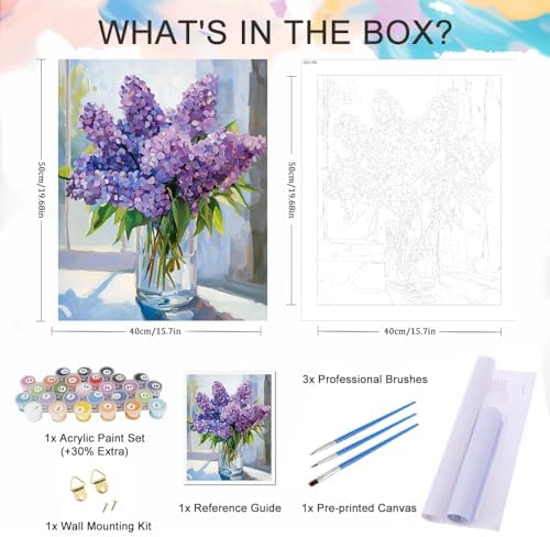 Natuyalo Paint by Number for Adults Beginners, Purple Flowers Over Window Paint by Numbers Kits on Canvas, DIY Acrylic Painting Kits Adults' Paint-by-Number Kits for Home Wall Decor 16x20 inch