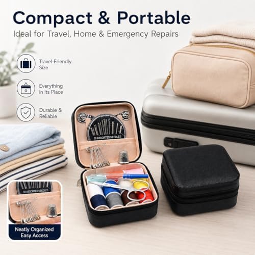 56-Piece Portable Travel Sewing Kit - Compact Emergency Sewing Kit Box with Zipper Fix Tools - Small Sewing Supplies and Accessories for Home Use & Quick Stitch Solutions