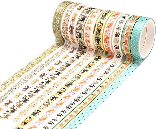 YUBBAEX 10 Rolls Sparkling Washi Tape Set 8mm Skinny Gold Foil Decorative Masking Washi Tapes for Journal,Scrapbook, Planner, DIY Crafts (Cartoon Doggy)