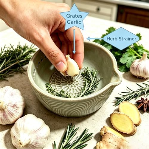 Ceramic Grater Bowl, 2-in-1 Garlic Grater & Herb Stripper (white, 7Holes)