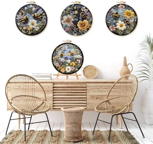 LB 4 Pack Yellow Bee Floral Embroidery Kit for Beginners Green Plant Beginner Embroidery Kit for Adults DIY Starter Kit with Embroidery Hoop Colorful Threads Tools Step by Step Instructions