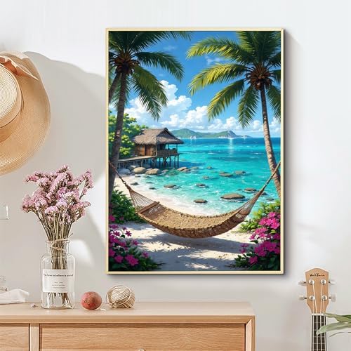 APTDYIGL 5D Beach Scenery Diamond Painting Kits for Adults Beginner,DIY Coconut Tree Diamond Art Kits for Adults,Round Full Drill Diamond Dots with Gem Art Kits,Home Wall Decor 12X16inch