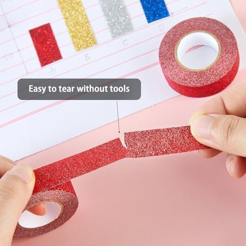 Red Glitter Washi Tape 2 Rolls, Sparkle Decorative Tape for DIY Crafts Scrapbooking Journaling, Sticky Colored Masking Tapes for Art, Wall Decor Gift Wrapping (0.6in x 11Yard)