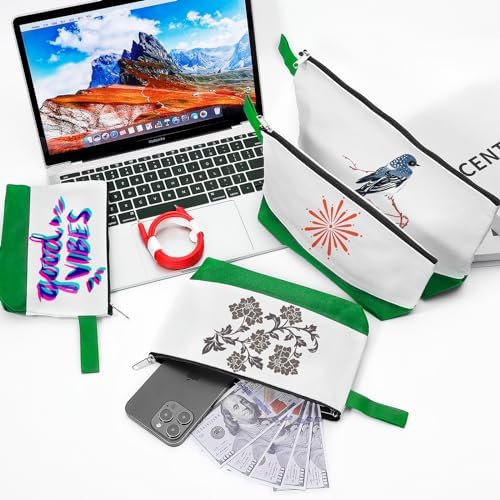 10 Pieces Cotton Canvas Makeup Bag with Bottom and Strap, Multi-Purpose Cosmetic Bag with Zipper Travel Toiletry Pouch, Blank DIY Craft Bag (White&Green, XS)