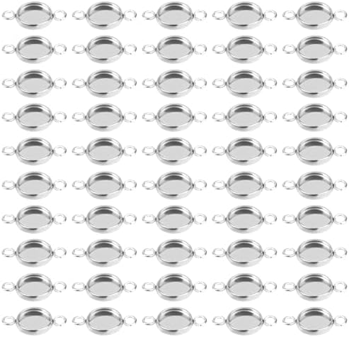 Mozeat Lens 50pcs Stainless Steel Round Blank Bezel Pendant Bezel Tray Connectors Base Cabochon Settings Trays Pendant Blanks Links with Double Loops Bracelet Making Tray for Jewelry Making DIY Craft