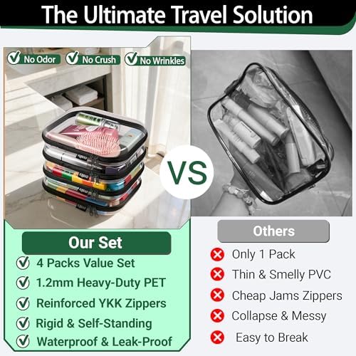 YQBRAO Clear Hard Shell Zipper Cases, 4 Medium Makeup Organizers, Black