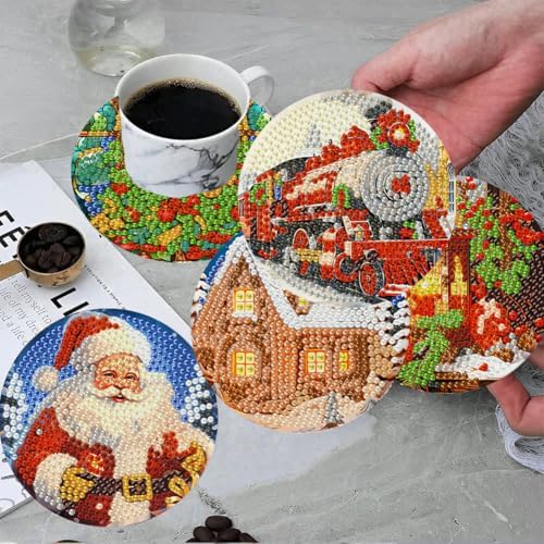 8 Pcs Christmas Diamond Painting Coasters Kits 4X4in (Cork Wooden Pad)