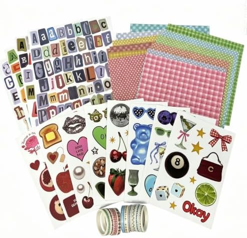 Scrapbook Supplies Kit 12 Sheets 6x6 Inch Scrapbook Paper 4 Letter Sticker Sheets 10 Washi Tape 8 Decorative Sticker Sheets for Scrapbooking Journaling Diary and Junk Journal Crafts (Girly)