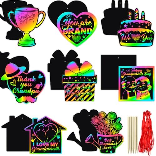 Happy Grandparents Day Scratch Cards Kit - Grandparents Day Party Scratch DIY Paper Craft Kit - Decoration Party Supplies- Grandpa & Grandma Party Scratch Cut-out Essential Cards Favors Set of 24