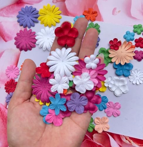 100 Pcs Handmade Mixed Flowers Mulberry Paper Flowers 18 mm - 1.5 Inch Scrapbooking Wedding DIY Craft Supplies Card. (Mixed 10 Coloes).