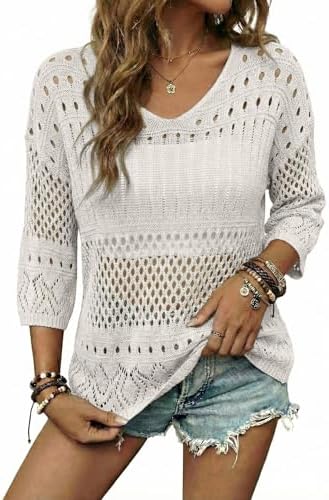 EVALESS Crochet Tops for Women Hollow Out Knit Sweaters