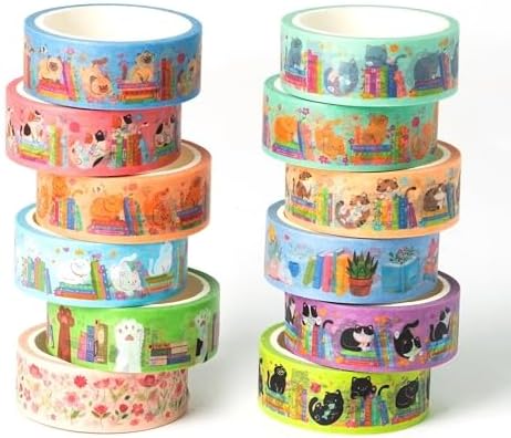 Cats Books Washi Tape - 24 Pcs Cute Trendy Colored Aesthetic Stacking Book Decorative Cat Paw Artistic Photo Scrapbook Masking Sided Adhesive Tape Set Supplies DIY Craft Bookish Gift Wrapping
