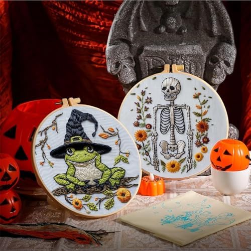 Floral Witch Hat Embroidery Kit Halloween Cross Stitch Material Set with Bat Skull Flower Pumpkin Patterns, DIY Hand Needlepoint Embroidery Craft Kit for Beginners Professional (Spooky Skeleton)