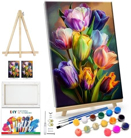 JOOZ Paint by Numbers Kit for Adults Flowers Paint by Number with Frame Floral Paint by Number with Easel Tulip Digital Oil Painting Kits for Gift Home Wall Decor 7.87x11.81 Inch