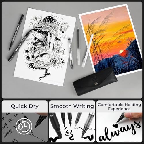 8 Pack Black Acrylic Ink Pens for Drawing, Fine Point Black Gel Pens, Brush Tip Markers，Dual-Tip Opaque Acrylic Markers for Highlighting Drawing, Sketching, Illustration, Card Making