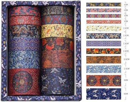 12 Rolls Chinoiserie Washi Tape Set Chinese Arts Adhesive Tapes Geometric Garden Decorative Masking Tape Sets for Craft, Kids, Scrapbook, DIY, Gift Wrapping (Drifting on Azure Waves)