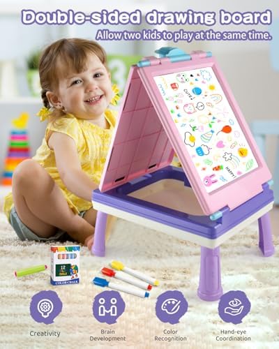 Elovien Easel for Kids, 4 in 1 Double Sided Toddler Art Easel with Chalkboard & Magnetic Whiteboard, Foldable Kid Tabletop Easel with Drawing & Writing Accessories - Educational Gift for Girl (Purple)