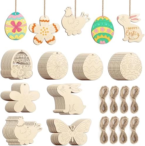 80PCS Wooden Easter Ornaments to Paint, 8 Styles DIY Blank Unfinished Wood Cutouts Ornament for Crafts Hanging Decorations, Egg Rabbit Bunny Butterfly Flower Hen Happy Easter