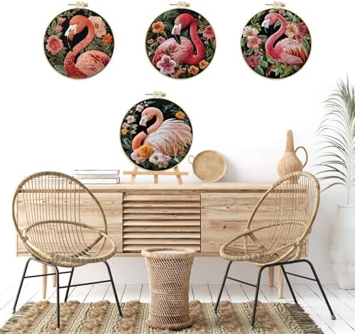 LB 4 Pack Pink Flamingo Embroidery Kit for Beginners Green Leaf Plant Beginner Embroidery Kit for Adults DIY Starter Kit with Embroidery Hoop Colorful Threads Tools Step by Step Instructions