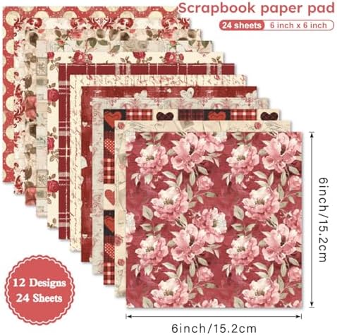 Vintage Red Scrapbooking Paper Pad - 24 Sheets 6in Flowers Aesthetic Patterned Decorative for Decoupage Journals Wrapping Folded Supplies Gift Anniversary Cards DIY Crafts Photo Album Origami