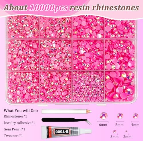 10000PCS Pink AB Rhinestones Bedazzling Gems 2/3/4/5/6MM Mix Sizes Resin Jelly Bedazzler Kit Flatback with Complete Tools for DIY, Nail, Art Craft for Girls Gift