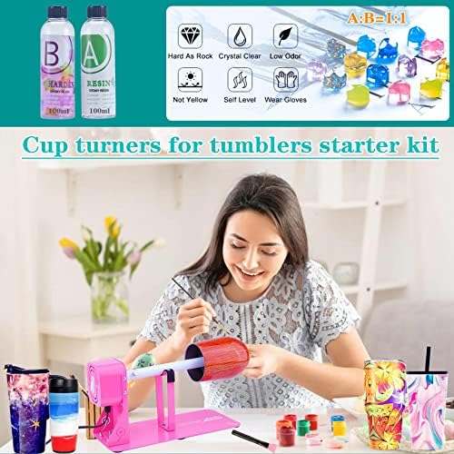 LFSUM Cup Turner Kit for Crafts Tumbler, Tumbler Cup Spinner, Glitter Powder, Epoxy Resin Kit for Beginners with Epoxy and Heat Gun (1X-Rose Red)
