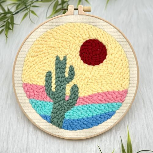 ERKOON Punch Needle Kit Adults Beginners, 2 Pcs DIY Easy Landscape Embroidery Set for Starter Art Craft, Needling Punching Project with Patterns, Tools, Yarns, Hoop, Instruction (Desert & Afterglow)