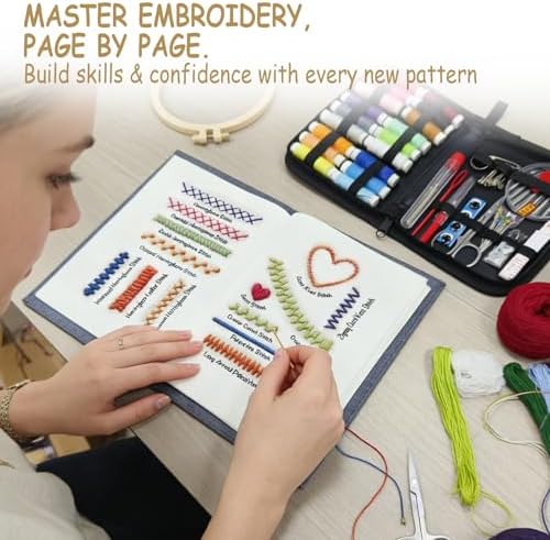 Embroidery Stitch Book Kit for Adults & DIY Craft Enthusiasts, Portable Embroidery Kit for Beginners, Includes Guide to 106 Patterns with Tools & Tutorials and 86-Piece Sewing Tool Set (1 Kit)