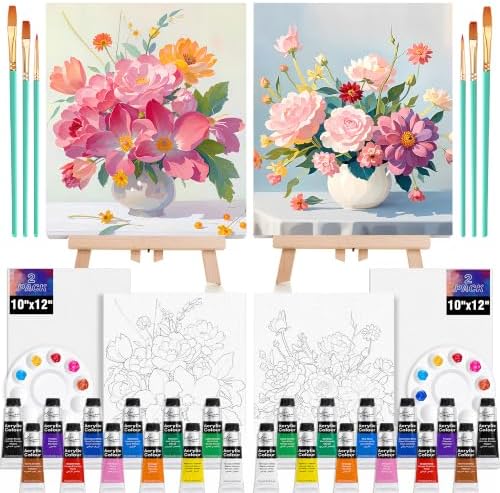 QUANWAISJ Sip and Paint Kit for Adults, Pre Drawn Canvas for Painting for Adults, 2 Pack Canvas Painting Kit, Paint Party Kit, Date Night Activities for Couples (Flower Vase)