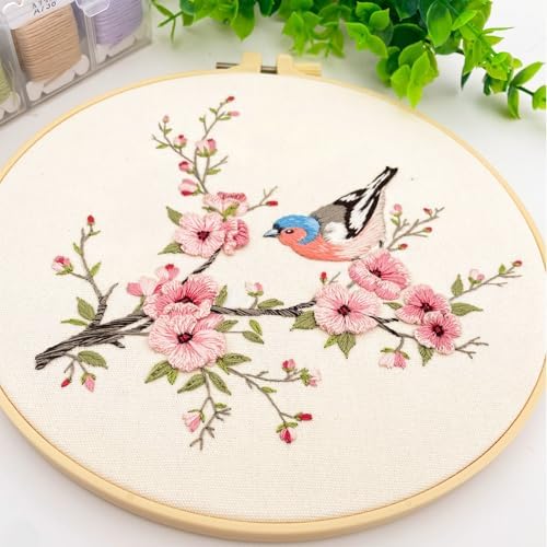 Silentsea Bird & Pink Blossoms Embroidery Kit – All-Inclusive DIY Cross Stitch Set with Pre-Printed Fabric, Threads, Needle, and Hoop for Adults – Perfect for Craft Lovers & Relaxation