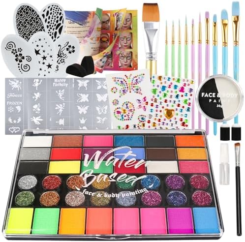 Pintada 42 Color Face Painting Kit for Kids - Non Toxic Water Based Face Paint Palette With Black and White Face Paint, Stencils, Brush, Gems. For Carnival, Halloween, Costume Makeup