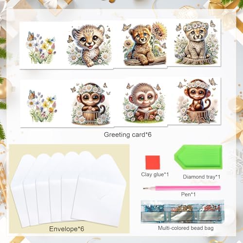 LazyFold 6 Pcs Diamond Art Painting Greeting Cards Kits, DIY Cute Leopard Handmade Festival Greeting Cards with Envelopes Diamond Art Crafts Birthday Cards Creative Gift