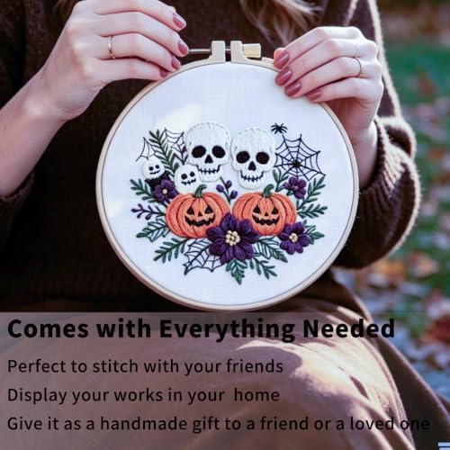 FONNUY Halloween Embroidery Kits for Beginners,Skull Pumpkin Spider Web Floral Stamped Cross Stitch Kit for Adults, Spooky Season Boho Wall Decor, 8'' Hoop (Skull)