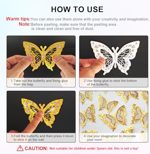 60 Pcs Butterfly Wall Decals - 3D Gold Butterflies Removable Mural Wall Stickers for Home Room Office Bedroom Decorations