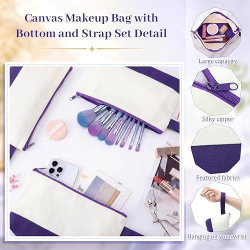 Silkfly 15 Pcs Cotton Canvas Makeup Bags Cosmetic Zipper Bags 10.2 x 5.5 x 2'' Blank DIY Pouch Bulk Pencil Case with Bottom Travel Toiletry Pouch for Women Craft Decor Gift (Beige and Purple)