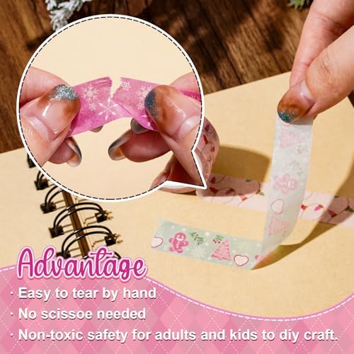 Whaline 12 Rolls Christmas Washi Tape Masking Tape Set Pink Candy Cane Gingerbread Man Decorative Wrapping Paper Tapes for Xmas Scrapbook Journal DIY Art Crafts