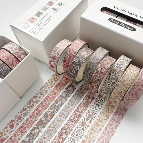 Vintage Washi Tape Set 8 Rolls Thin Retro Decorative Antique Patterns Masking Tapes for Arts, DIY Crafts, Journals, Planners, Scrapbook, Wrapping (Little Flowers)