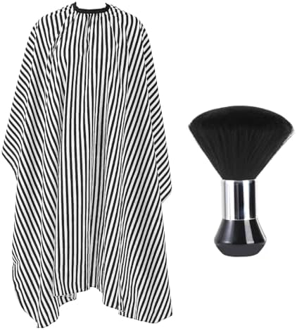 Professional Hair Cutting Cape with Neck Duster Brush, Large Size Salon Barber Cape for Men, Women and Kids(White with Black Stripes)
