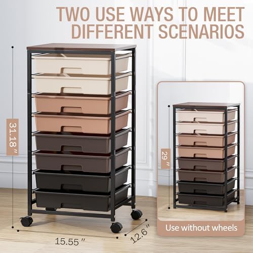 TOOLF Rolling Storage Cart with 8 Drawers,Brown | Utility Cart on Wheels with Wooden Tabletop,Teacher Organization for Classroom, Art Cart for Office,Bedroom,Craft Room